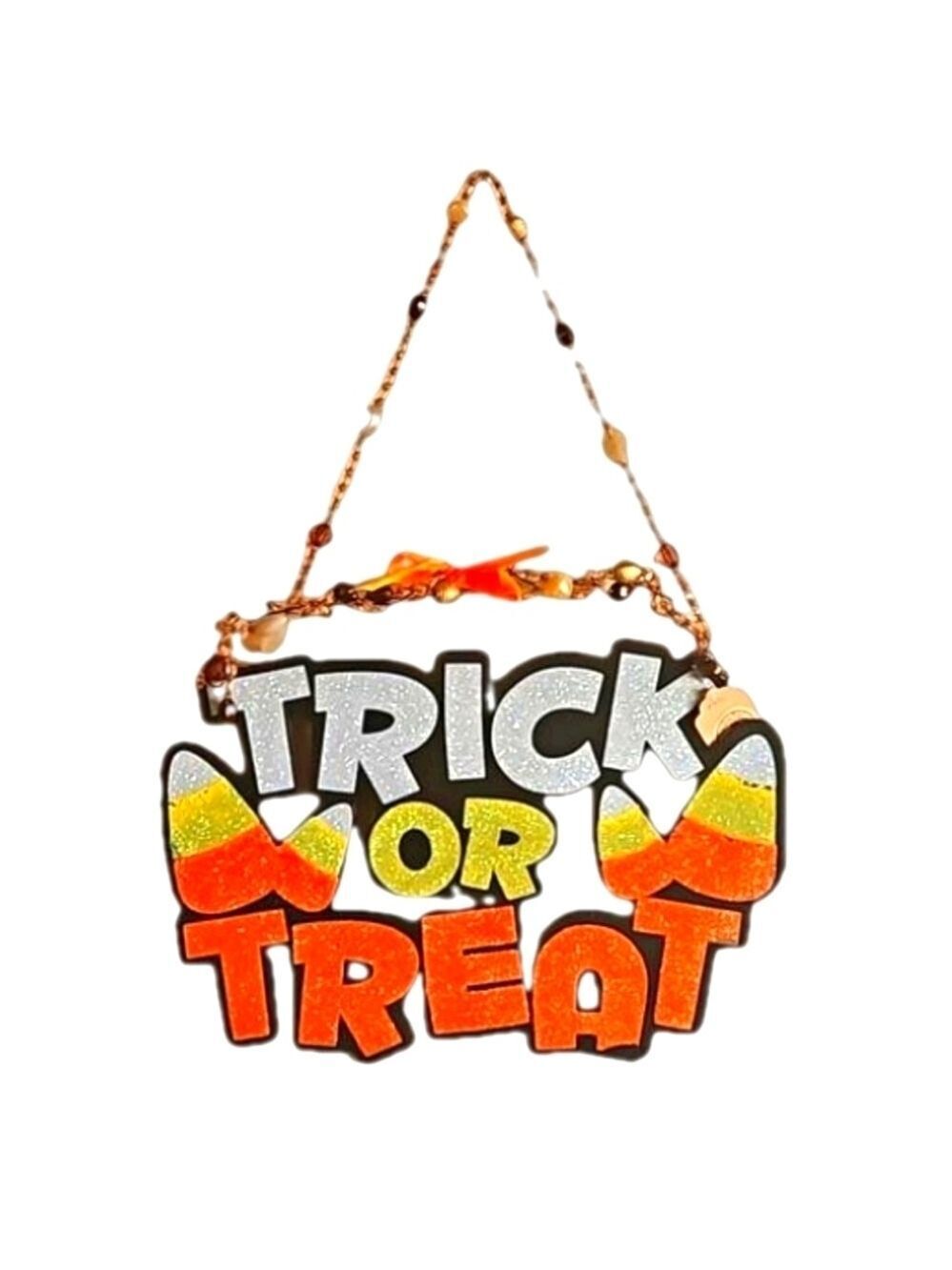 Hand Crafted trick or treat glitter Halloween sign wooden wall decor beaded